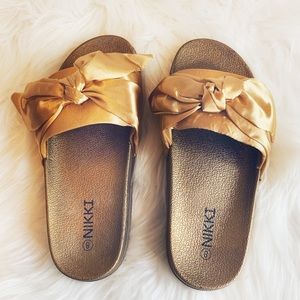 SALE Nikki Gold Silk Bow Sliders